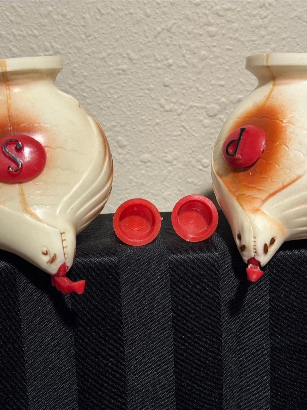 Vintage Plastic Rooster Salt & Pepper Shakers - Cream with brown and red accents